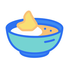 Dip bowl with tortilla chip on a white background