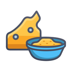 Cartoon cheese and bowl of sauce against white background