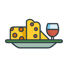 Stylized cheese and wine on a platter illustration
