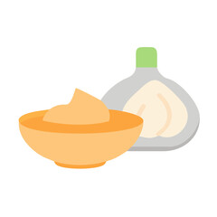 Garlic bulb and sauce in bowl food ingredient illustration