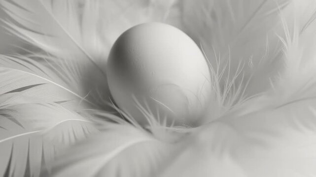 Egg transforms amidst soft feathers: smooth texture and gentle movement sequence