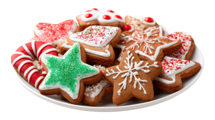 Festive holiday cookies adorned with colorful icing and sprinkles piled high on a plate.