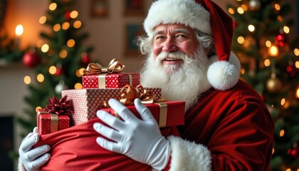 Joyful man in festive red suit holds a stack of beautifully wrapped gifts, surrounded by a cozy holiday atmosphere with twinkling lights and decorated trees