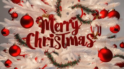 Festive white Christmas tree adorned with red ornaments and garland, featuring a cheerful "Merry Christmas" sign, creating a joyful holiday atmosphere