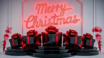 Festive Christmas scene featuring beautifully wrapped black and red gift boxes with a glowing neon sign that reads Merry Christmas, creating a joyful holiday atmosphere