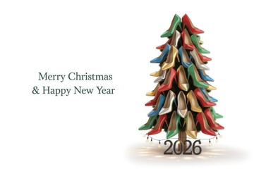 Unique Christmas tree made of colorful high-heeled shoes, adorned with lights, celebrating the festive season and welcoming the New Year with creativity and style