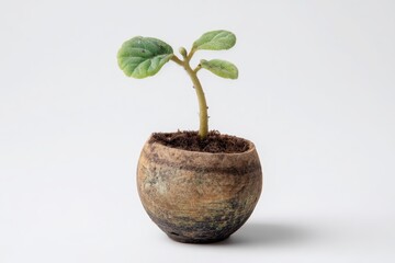 Surreal Oversized Sprout in Tiny Pot on White Background