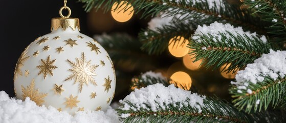 White Christmas ornament with golden snowflake design hanging on a pine tree branch surrounded by snow, creating a festive holiday atmosphere