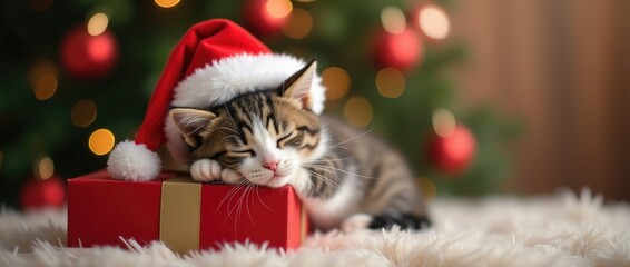 Adorable tabby kitten wearing festive Santa hat is peacefully sleeping on a red gift box, surrounded by twinkling holiday lights and a cozy atmosphere