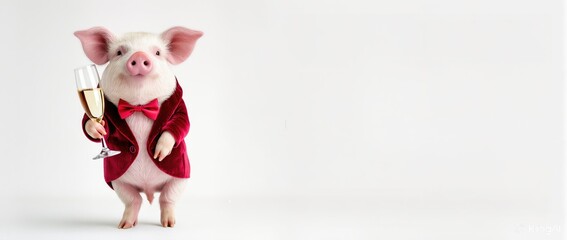 Adorable pig dressed in a red tuxedo holding a champagne glass, standing on a white background, perfect for celebration and festive occasions with copy space