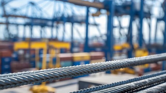 295Side-angle close-up, steel rebars with sharp rib textures forming long parallel lines, industrial machinery and crates faintly visible in the background for context.