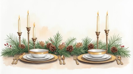 Elegant holiday table setting with fine china, golden accents, and festive greenery, featuring candles and pinecones, perfect for seasonal celebrations and gatherings
