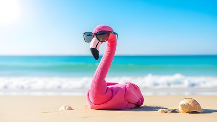 Inflatable pink flamingo pool toy on a sunny beach with sunglasses on a hot summer day by the ocean shore