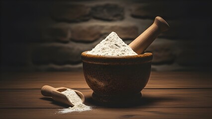 Mortar and pestle with white powder on wooden table in dark background