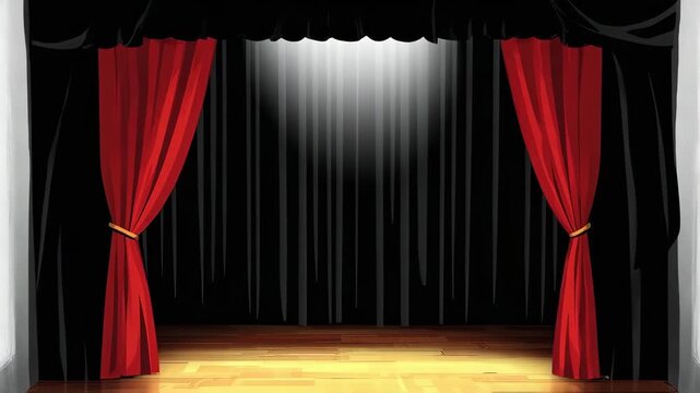 Theater Stage Red Curtain Opening Slowly.