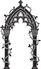 An ornate black and white vector illustration of a gothic archway with intricate tracery, flanked by columns and wrapped in detailed thorny vines with leaves for a dark, mystical aesthetic. © Muhammad