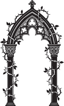 An ornate black and white vector illustration of a gothic archway with intricate tracery, flanked by columns and wrapped in detailed thorny vines with leaves for a dark, mystical aesthetic.