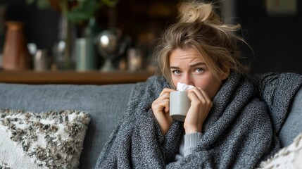 Woman blowing nose with tissue,sit on couch,ill health,suffer from flu,copy space,health trouble.