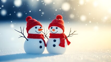 Two cheerful snowmen in red hats and scarves standing together in a snowy winter scene with a warm sunny background