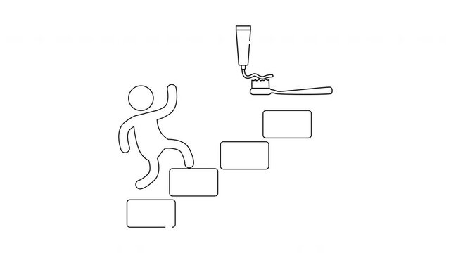 A person climbs steps to reach toothpaste being squeezed onto a toothbrush