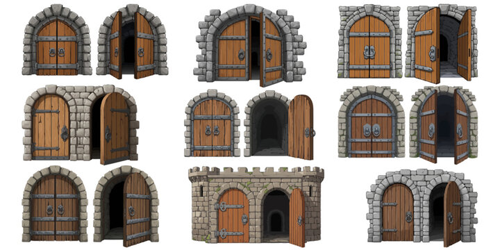 Castle gate vector medieval collection, open wooden ancient door, iron grate, stone arch isolated on white. Vintage city entrance, closed dungeon double entry. Game elements, castle gate illustration