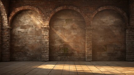 A dimly lit interior featuring three arched openings in a weathered stone wall, creating a rustic and atmospheric setting.
