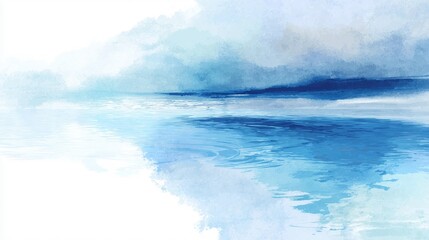 Watercolor background with ripples on calm lake,blue and white color,flat design,copy space,banner