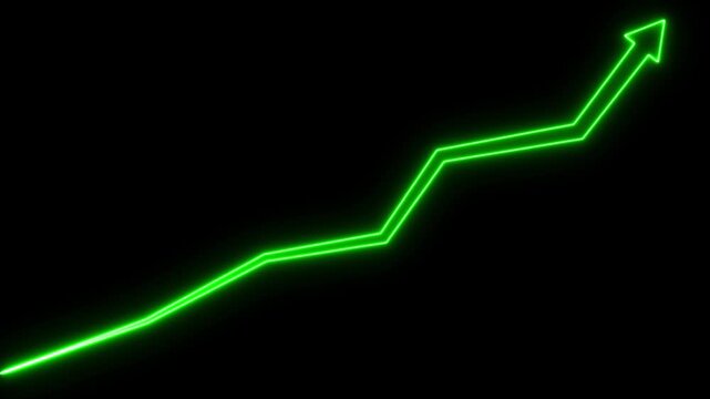 Green Neon Arrow Graph on Black Background abstract .Glowing neon stock market charts on financial data view business graph up arrow