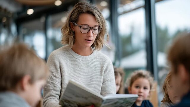 319Close-up of a teacher holding a book, animatedly showing pictures to attentive children, natural light streaming through large classroom windows, walls decorated with learning char
