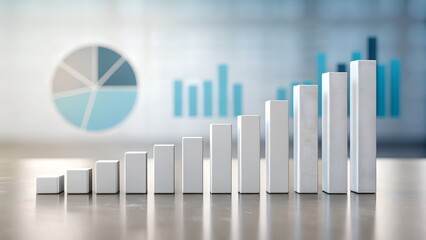 Abstract 3D pie and bar charts floating on a neutral blurred office background