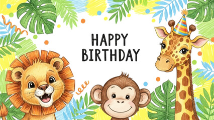 Kids cute animal print, hand drawn happy birthday party cartoon colorful pencil postcard elements. Baby lion, monkey face, giraffe in funny hat, holiday confetti scribble. Jungle kids animal poster