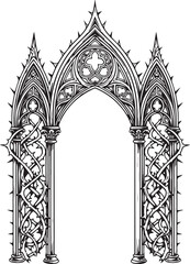 A high-contrast black and white vector illustration of a grand Gothic triple archway, intricately detailed with stone tracery and entwined by sharp, thorny vines for a dark fantasy aesthetic. © Muhammad