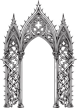 A high-contrast black and white vector illustration of a grand Gothic triple archway, intricately detailed with stone tracery and entwined by sharp, thorny vines for a dark fantasy aesthetic.