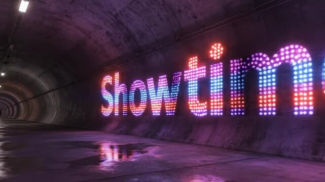 Glowing neon 'showtime' sign in a dark concrete tunnel with vibrant reflections on wet floor