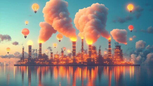 A beautiful factory releases glowing light bulbs instead of smoke, symbolizing creative ideas and innovation. Ideal for business concepts, tech presentations, or as a modern art background