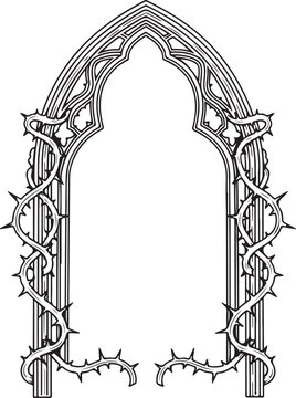 An elegant monochrome vector of a gothic arched window frame. The clean architectural linework is entwined with sharp, realistic thorns, creating a dark, romantic, or mystical aesthetic.
