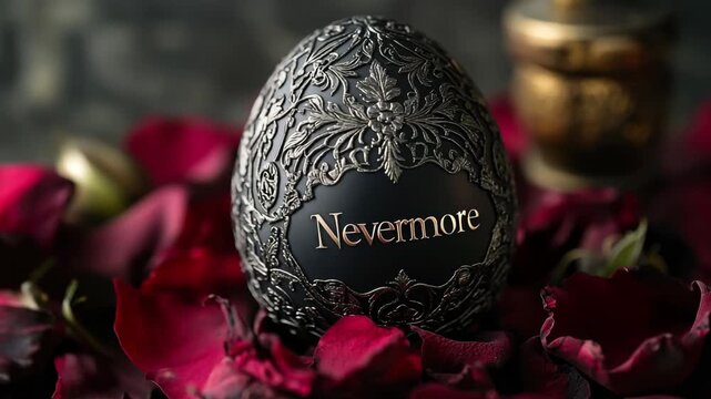 A mysterious, ornate black egg with intricate silver filigree and the word Nevermore. A dark fantasy artifact on red rose petals. Ideal for book trailers, game assets, or literary concepts