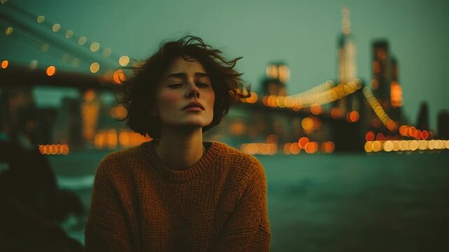 A thoughtful woman in a cozy sweater with her hair blowing in the wind against a blurred city skyline at night. Ideal for storytelling, music videos, or emotional concepts.