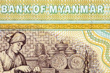 50 Kyats Myanmar with a picture of a Burmese artisan making lacquerware. Old Paper Money of...