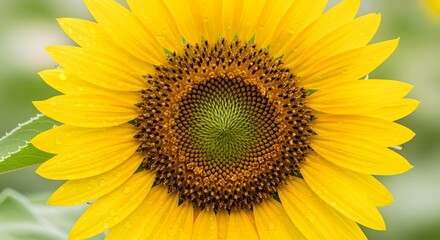Obraz premium Vibrant sunflower with dew drops on petals in bright green background