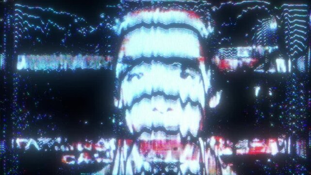 4K AI Humanoid Assistant Error Glitch Animation with Synthetic Face Signal Distortion Digital Noise and System Failure Artifacting as Reusable Interface Overlay Layer for UI HUD Systems Motion Graphic