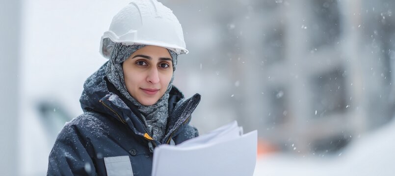 Middle-Aged Female Construction Safety Inspector in Snowy Environment