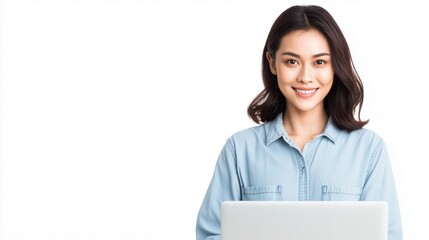 Confident girl student sits studying with laptop,white background,copy space,education concept.