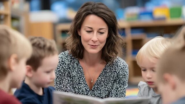 A teacher reading a story to young children, sitting on a colorful carpet, kids gathered around in a bright, cheerful classroom, expressions of curiosity and wonder on their faces.