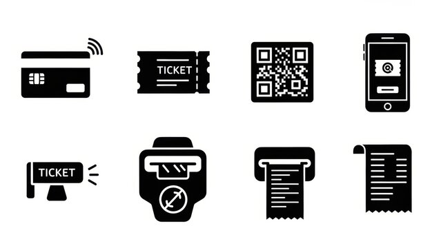 Collection of icons representing various payment and ticketing methods, including credit cards, tickets, QR codes, and receipts.