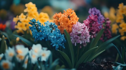 Obraz premium Vibrant spring hyacinths in a symphony of colorful blooms and verdant leaves