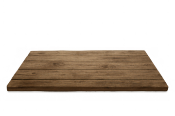 Rustic wooden tabletop surface with perspective, creating a platform for product display on transparent background