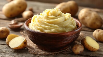 Delicious creamy mashed potatoes in a rustic wooden bowl, surrounded by fresh raw potatoes on a wooden table