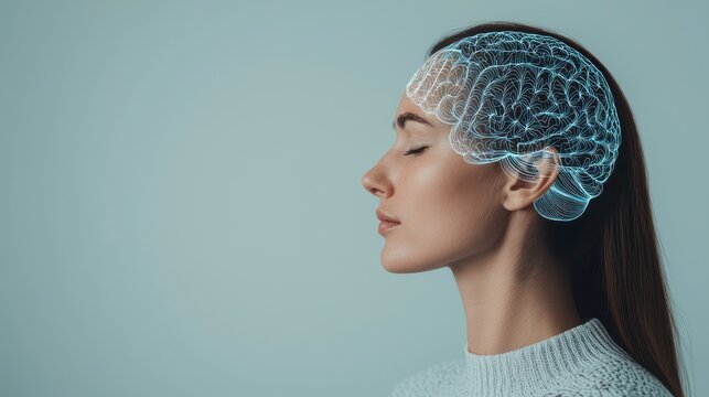 A serene profile of a woman with a digital brain illustration, symbolizing thoughts, creativity, and mental processes.