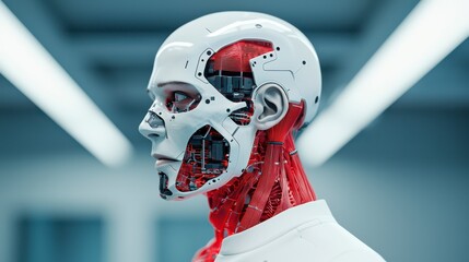 A futuristic humanoid robot with a transparent outer shell, showcasing intricate internal circuitry and a sleek design, set in a high-tech environment.